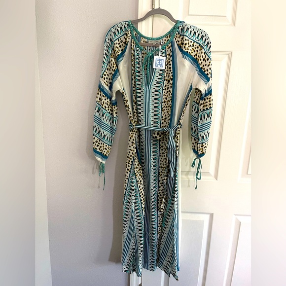 NWT D’Ascoli Maddy Striped Silk midi dress size large w/ waist tie and split hem - Picture 2 of 11